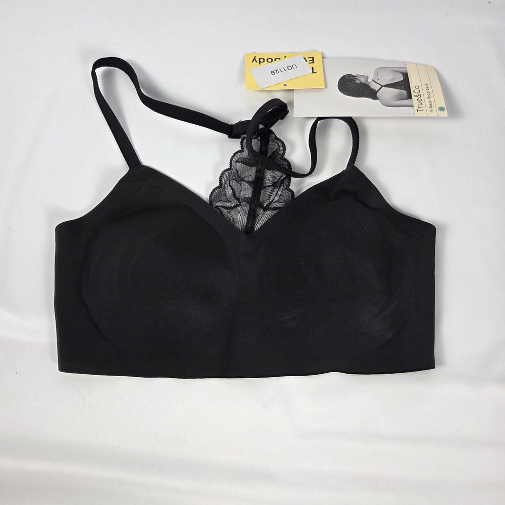 True & Co Lace Racerback Bralette Black V-Neck Seamless Wirefree Small NWT
